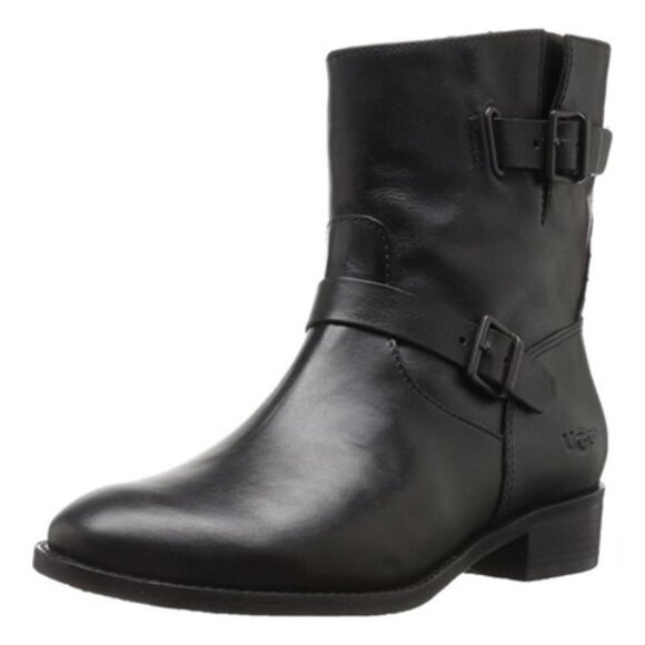 UGG Fletcher Leather Boots Buckle Straps Moto Biker Booties Black Size 9 NEW - Picture 1 of 7